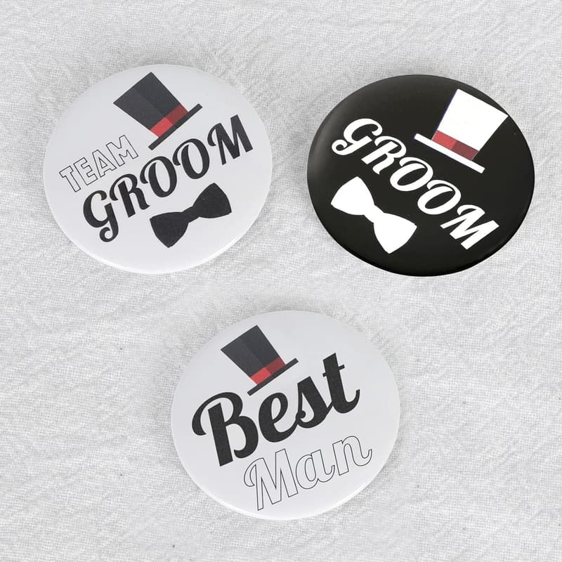 Groom & Groomsmen Button Set - 1 Groom, 1 Best Man, 8 Team