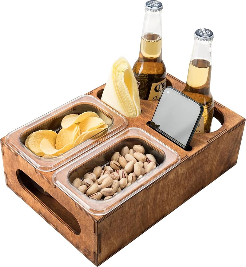 Beer Box Caddy for Men - Wooden Snack Tray & Drink Organizer