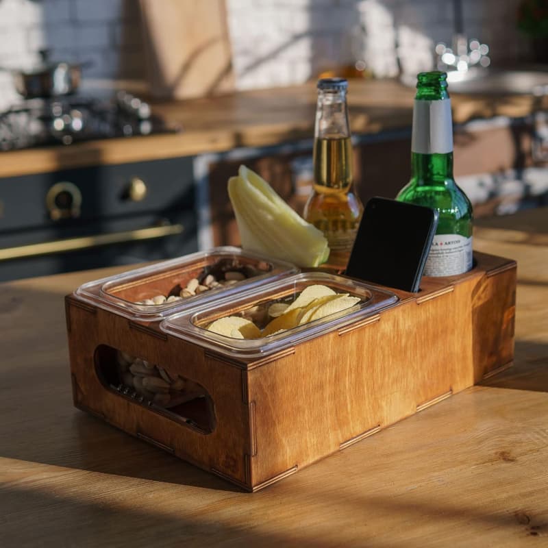 Beer Box Caddy for Men - Wooden Snack Tray & Drink Organizer