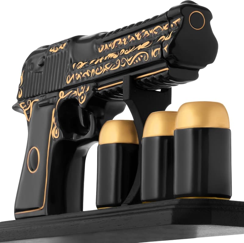 Unique Ceramic Gun Whiskey Decanter Set with 3 Bullet Glasses for Men