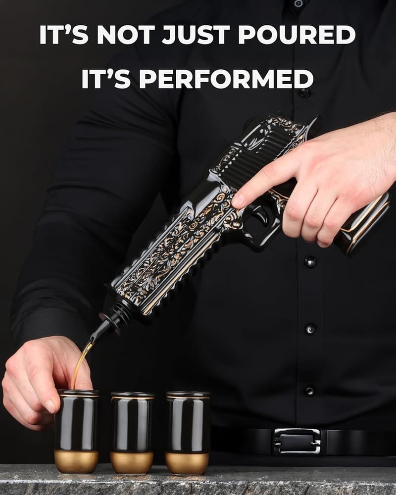 Unique Ceramic Gun Whiskey Decanter Set with 3 Bullet Glasses for Men