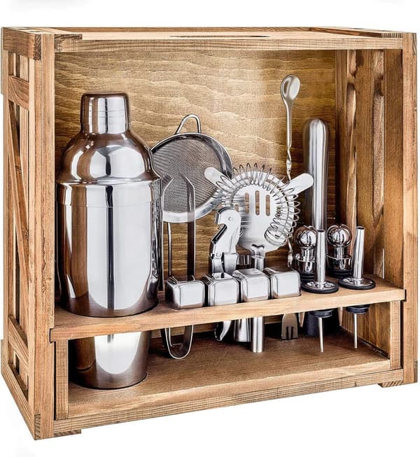Cocktail Shaker Set with Rustic Pine Stand – Gifts for Men
