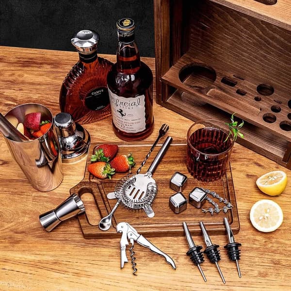 Cocktail Shaker Set with Rustic Pine Stand – Gifts for Men