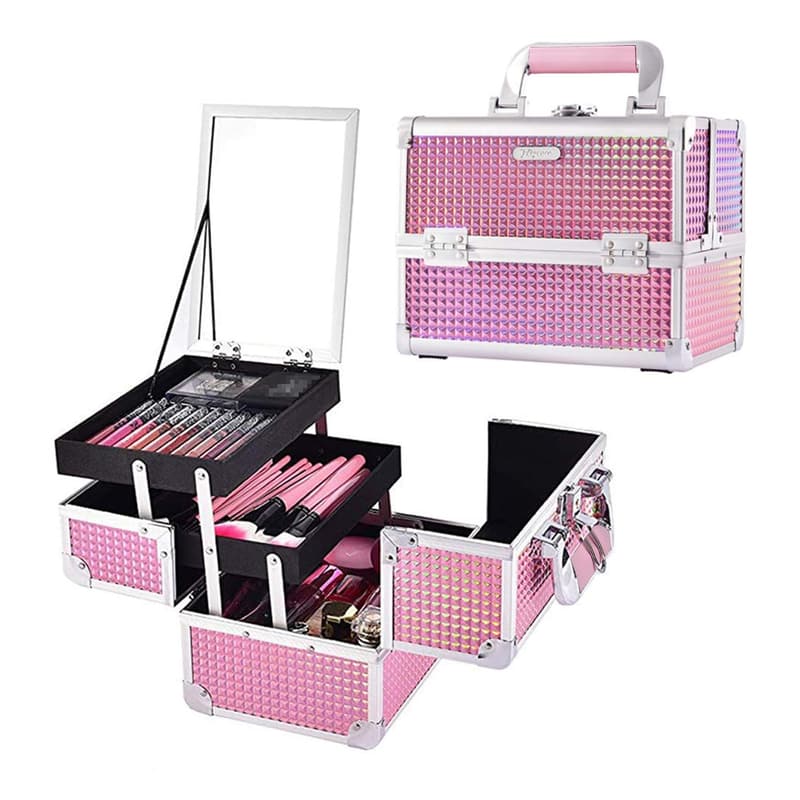 Portable Makeup Organizer Case with Mirror & Lock - Mermaid Pink