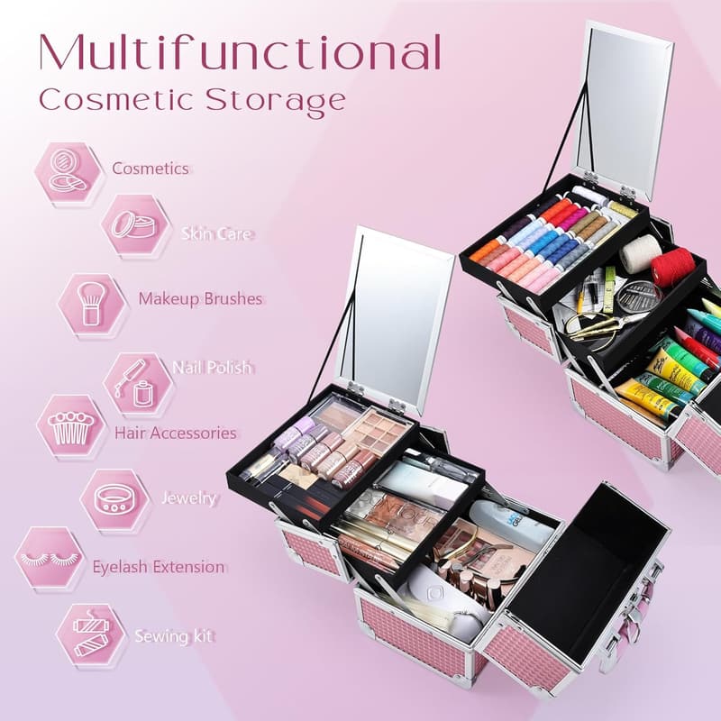 Portable Makeup Organizer Case with Mirror & Lock - Mermaid Pink