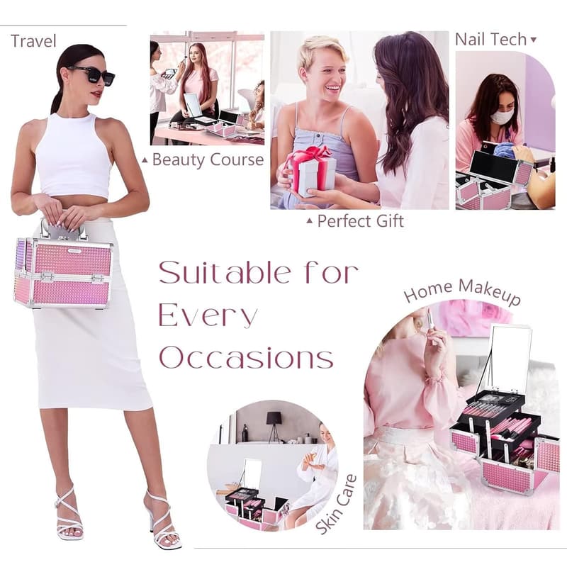 Portable Makeup Organizer Case with Mirror & Lock - Mermaid Pink