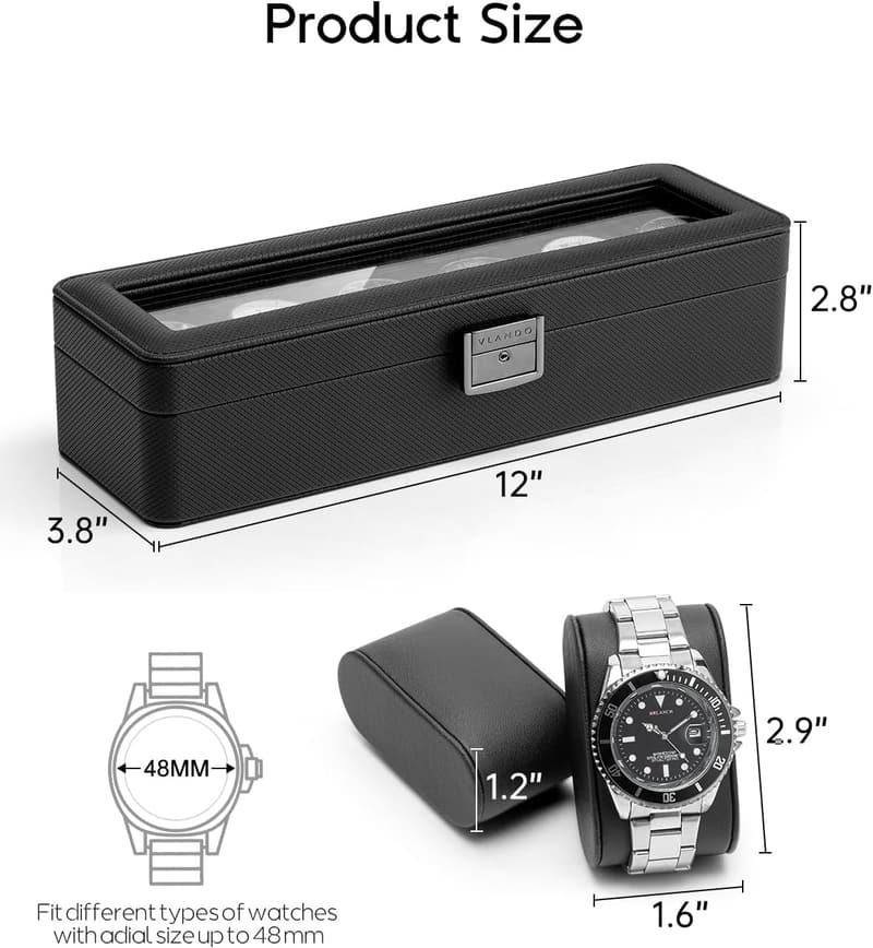 Men's Watch Case with Glass Lid, Lockable Leather Organizer