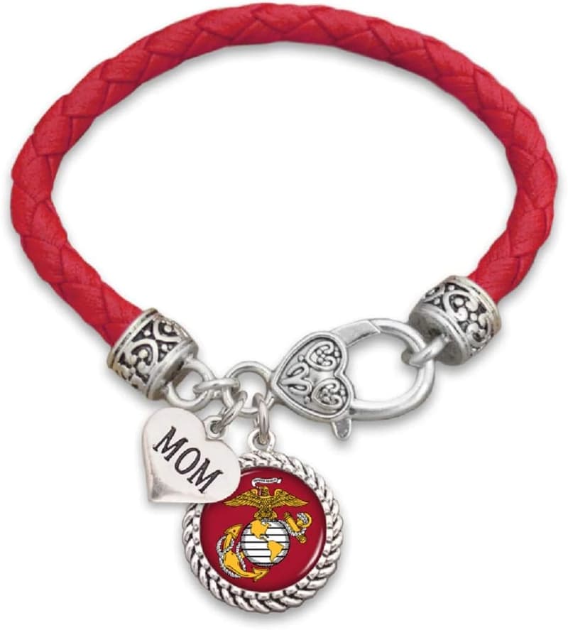 U.S. Marines Mom Leather Bracelet with Logo Charm