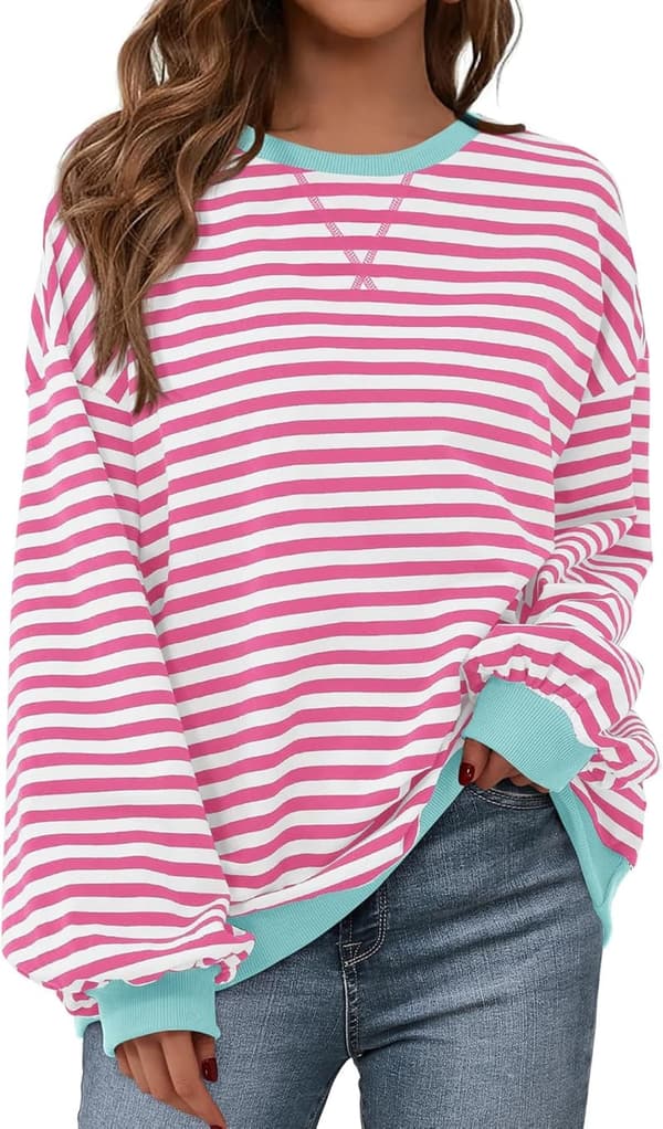 Trendy Y2K Striped Pullover for Women - Long Sleeve Crew Neck