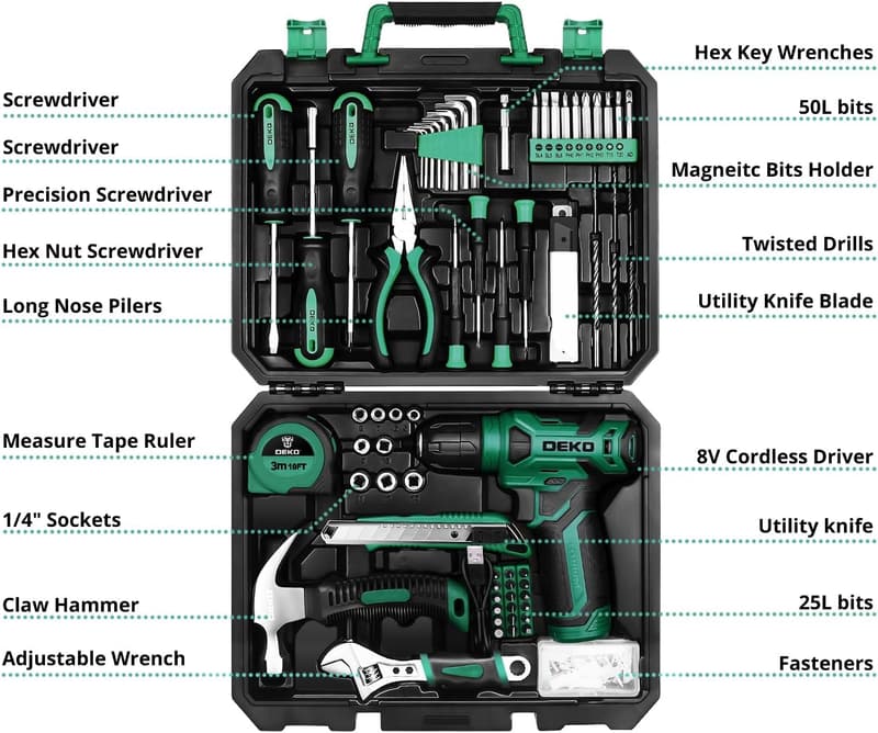 8V Green Cordless Drill Set - 126-Piece Home Tool Kit for Women