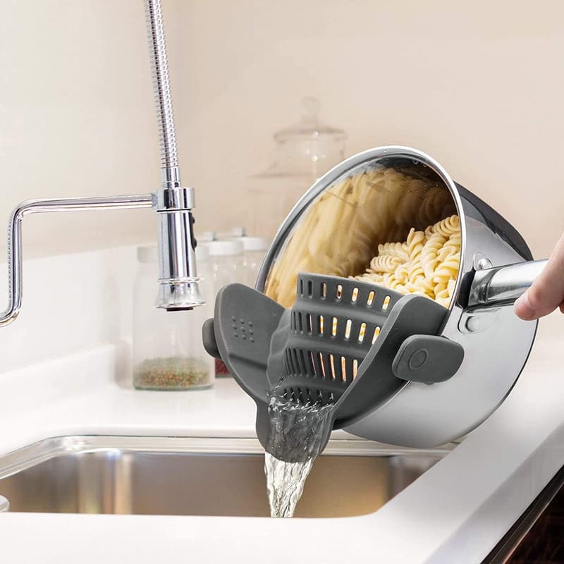 Silicone Snap N' Strain Pasta Strainer - Heat Resistant, Grey