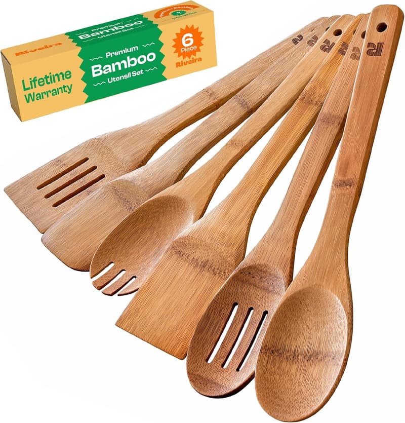 Premium Dark Bamboo Cooking Spoon Set - 6-Piece Kitchen Utensils