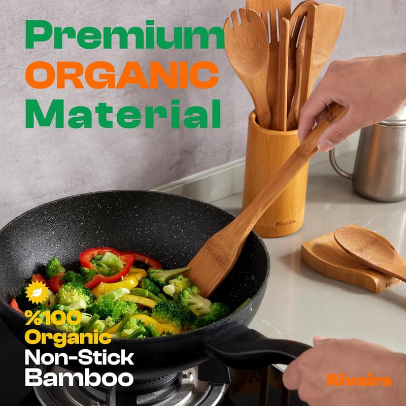 Premium Dark Bamboo Cooking Spoon Set - 6-Piece Kitchen Utensils