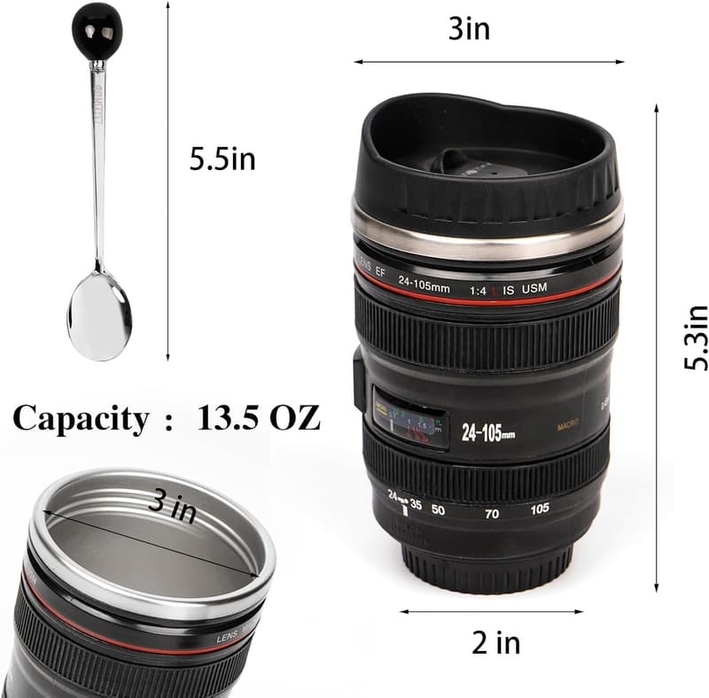 Camera Lens Coffee Mug - Stainless Steel Travel Thermos