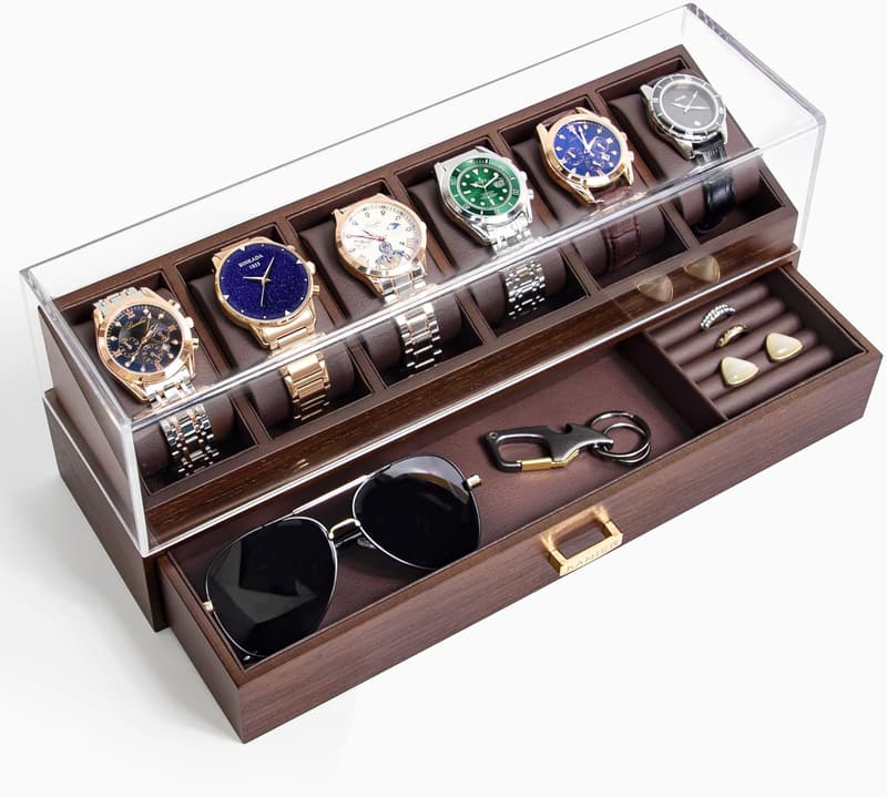 Wooden Watch Box Organizer with Glass Lid - 6 Slots for Men