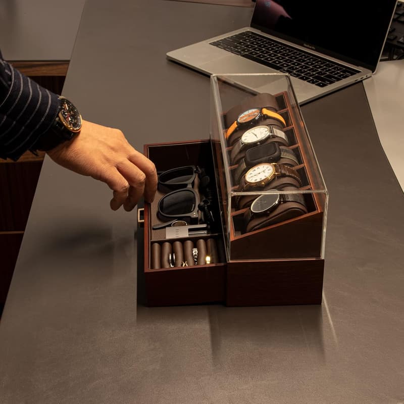 Wooden Watch Box Organizer with Glass Lid - 6 Slots for Men