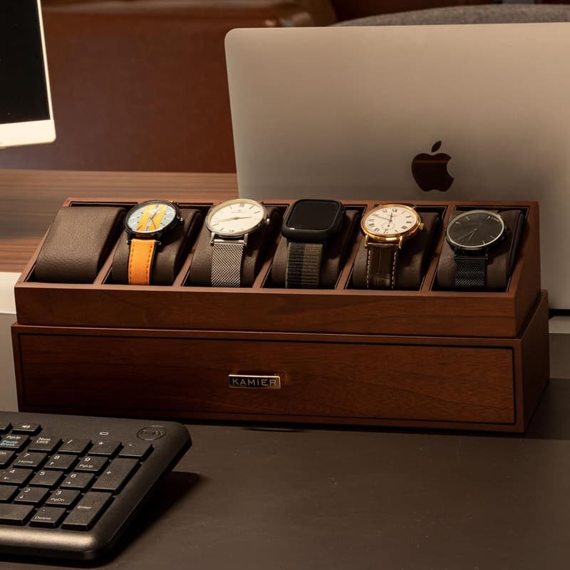 Wooden Watch Box Organizer with Glass Lid - 6 Slots for Men