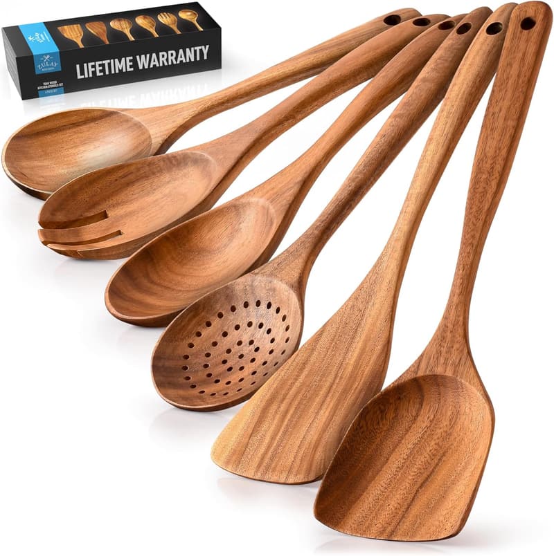Heat-Resistant 6-Piece Teak Cooking Spoon Set - Durable & Lightweight