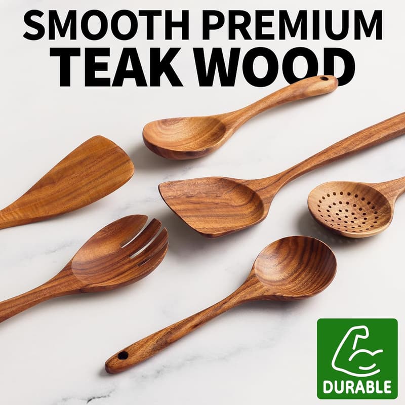 Heat-Resistant 6-Piece Teak Cooking Spoon Set - Durable & Lightweight