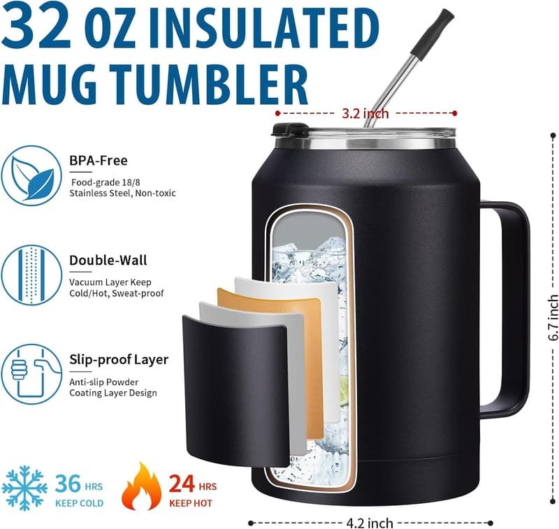 32 oz Insulated Coffee Mug with Handle & Straw Lid