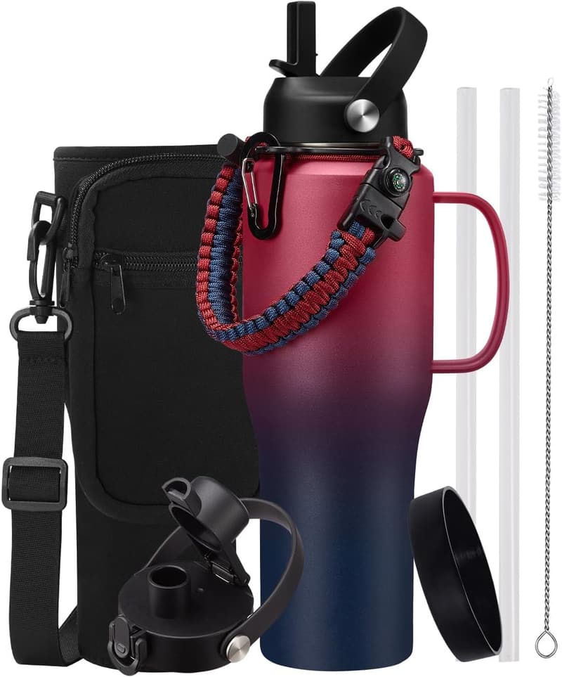 Insulated 32oz Water Bottle with Handle & Straw, Auto Chug Lid