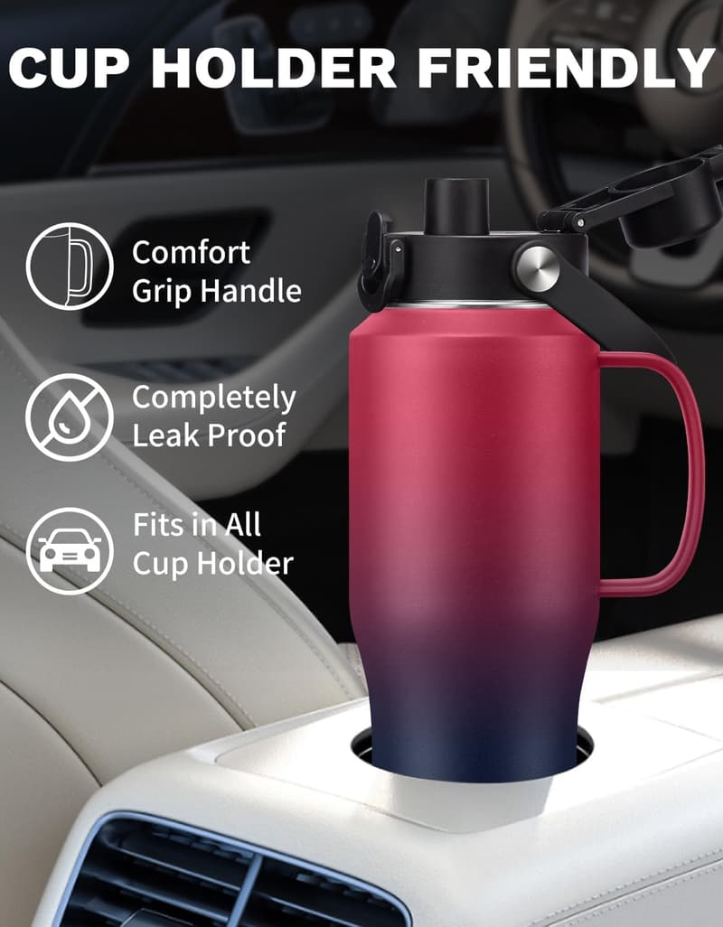 Insulated 32oz Water Bottle with Handle & Straw, Auto Chug Lid