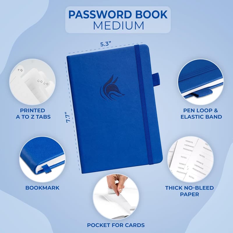 Royal Blue Password Book Organizer with Alphabetical Tabs