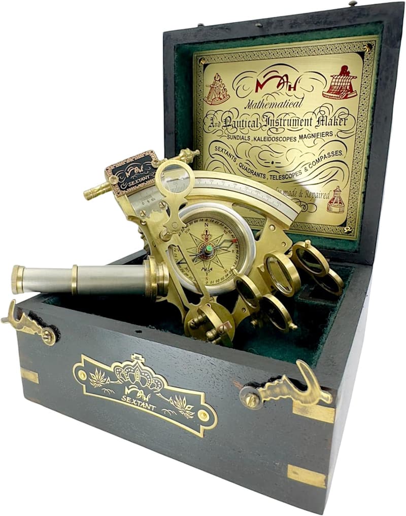 Father's Day Brass Sextant in Vintage Hardwood Box