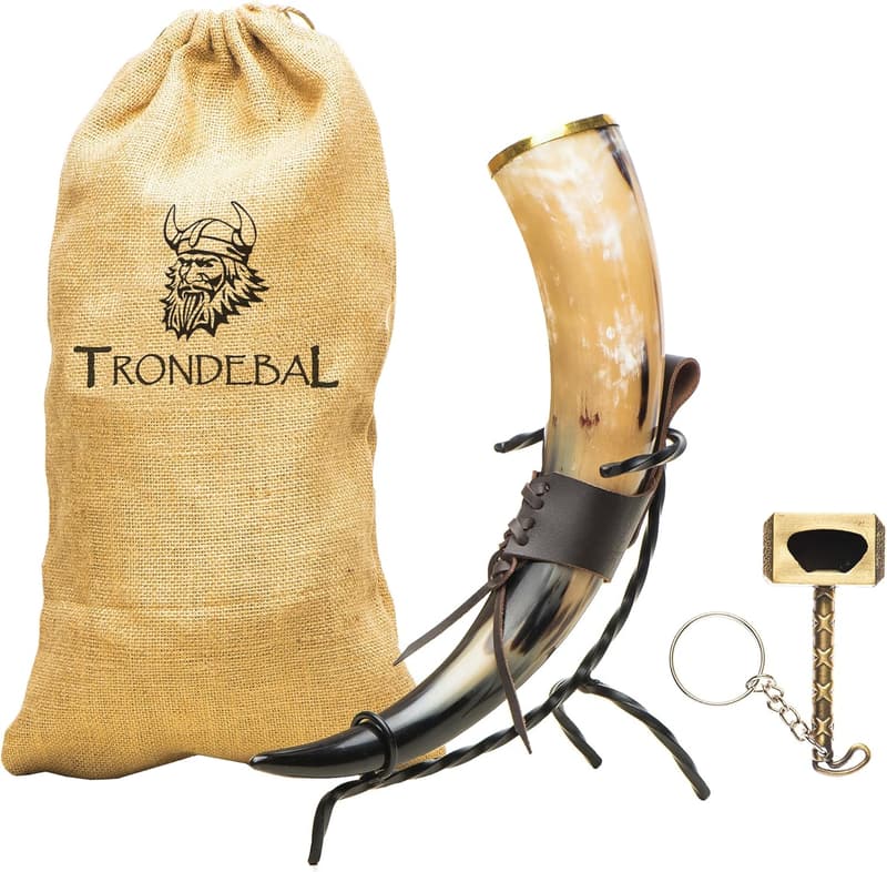 Viking Drinking Horn with Stand - 15-20 Oz Natural Horn