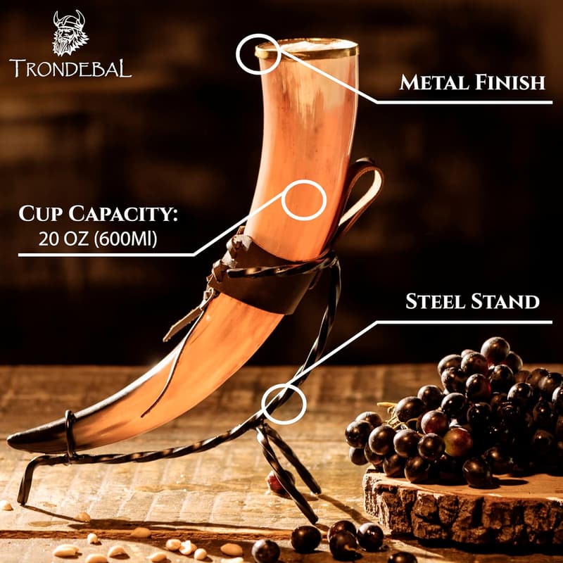 Viking Drinking Horn with Stand - 15-20 Oz Natural Horn