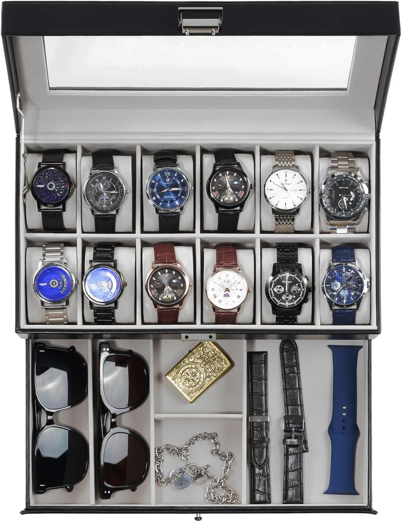 12-Slot Black Watch Display Case with Drawer for Men
