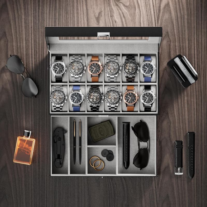 12-Slot Black Watch Display Case with Drawer for Men
