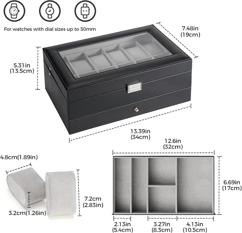 12-Slot Black Watch Display Case with Drawer for Men