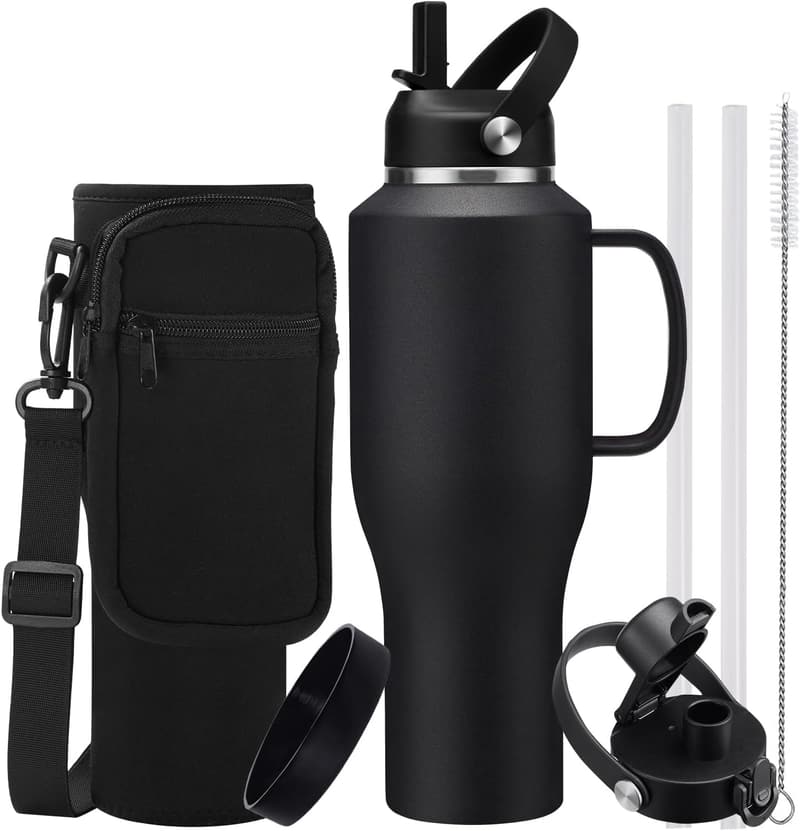 40oz Stainless Steel Insulated Water Bottle with Handle & Straw