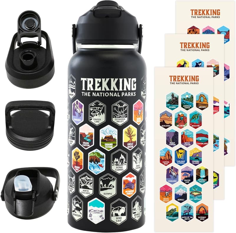 Insulated 32 Oz Water Bottle with 63 Stickers and 3 Lids for Hiking