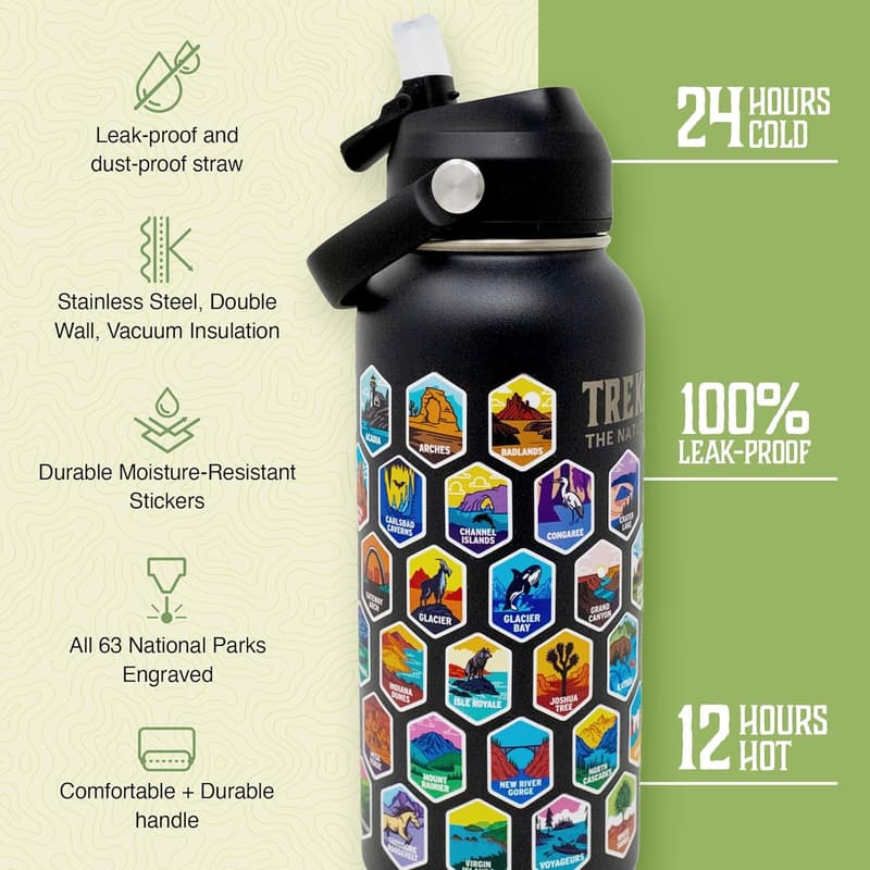 Insulated 32 Oz Water Bottle with 63 Stickers and 3 Lids for Hiking