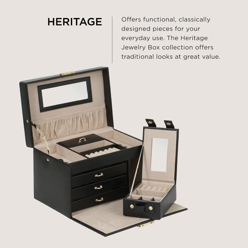 WOLF Heritage Jewelry Box - Black, 10 Compartments & Travel Case