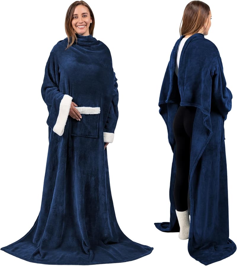 Cozy Wearable Fleece Blanket with Sleeves for Adults