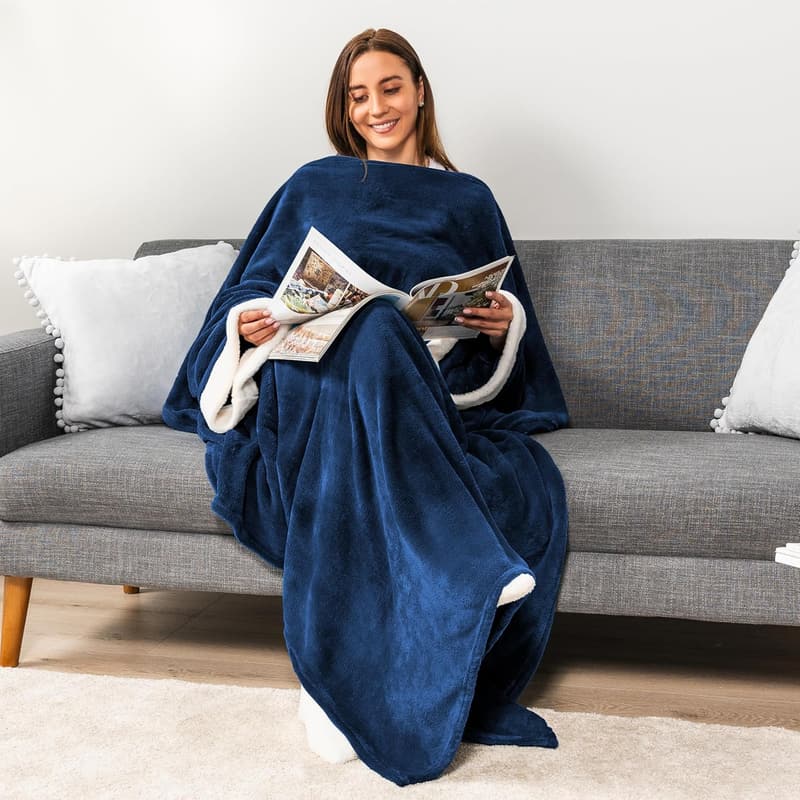 Cozy Wearable Fleece Blanket with Sleeves for Adults