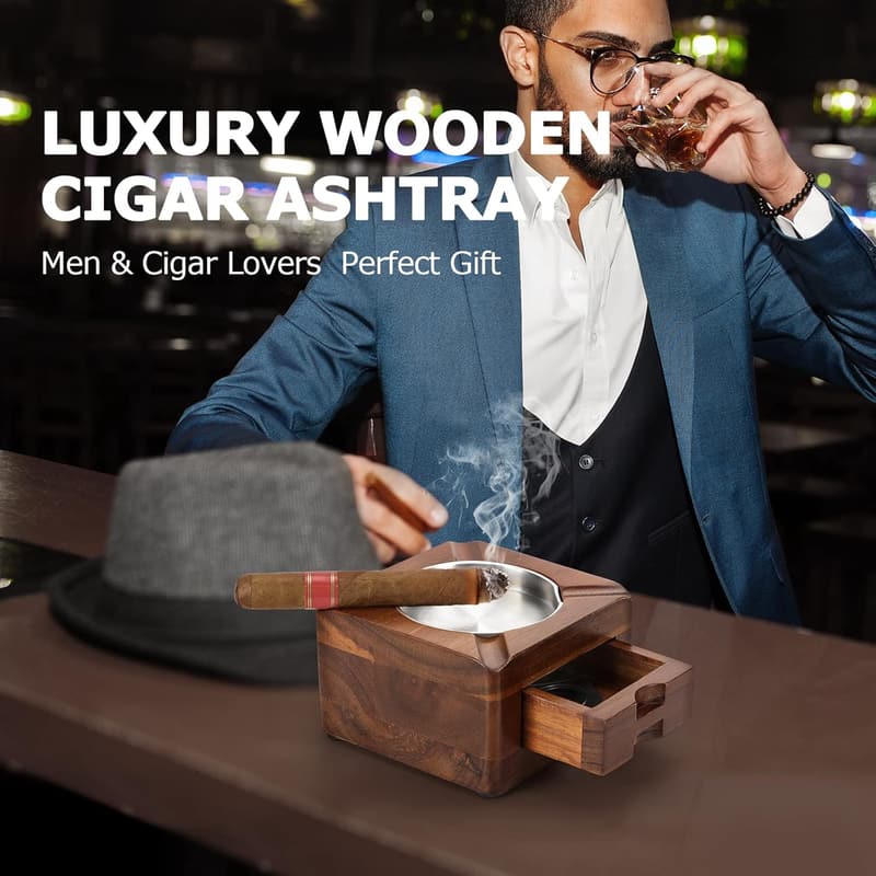 Personalized Wooden Ashtray with Cigar Drawer for Men