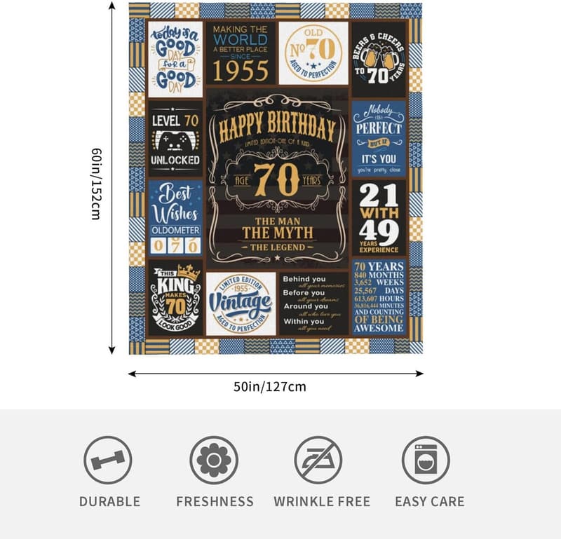 70th Birthday Blanket, 60x50 Inch Gift for Men