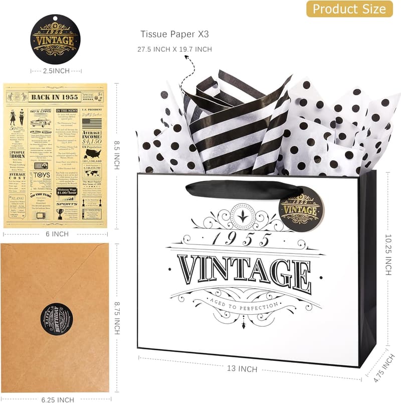 70th Birthday Gift Wrap Bag with Card & Tissue for Women