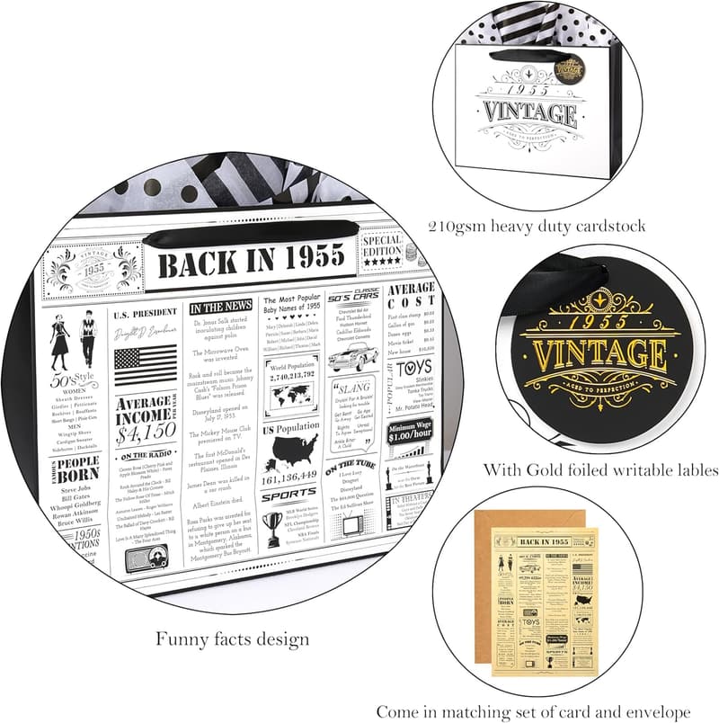 70th Birthday Gift Wrap Bag with Card & Tissue for Women