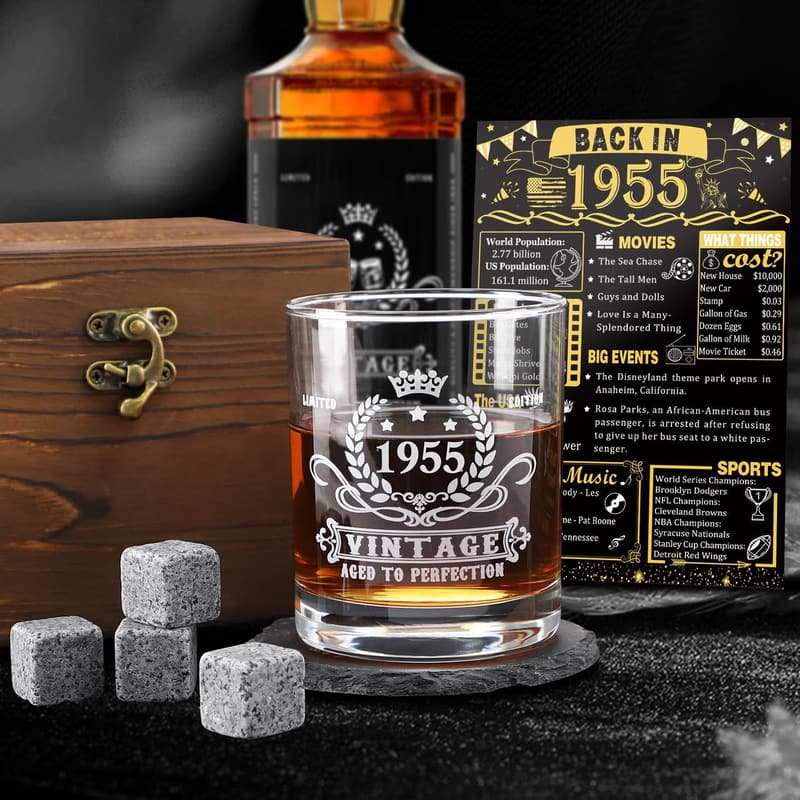 70th Birthday Whiskey Glass Set with Wood Box & Stones
