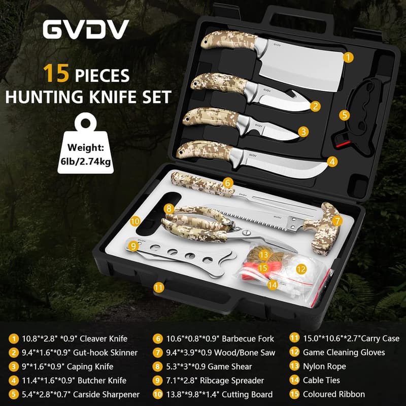 15-Piece Hunting Knife Set - Portable Game Processing Kit for Men