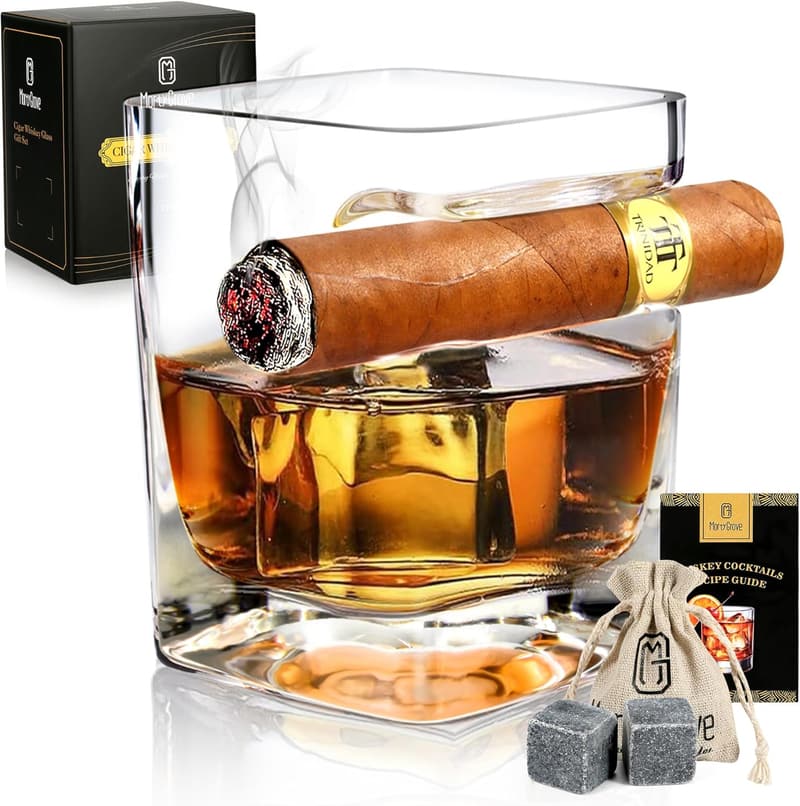 Whiskey Glass Set with Cigar Holder & Whiskey Stones for Men