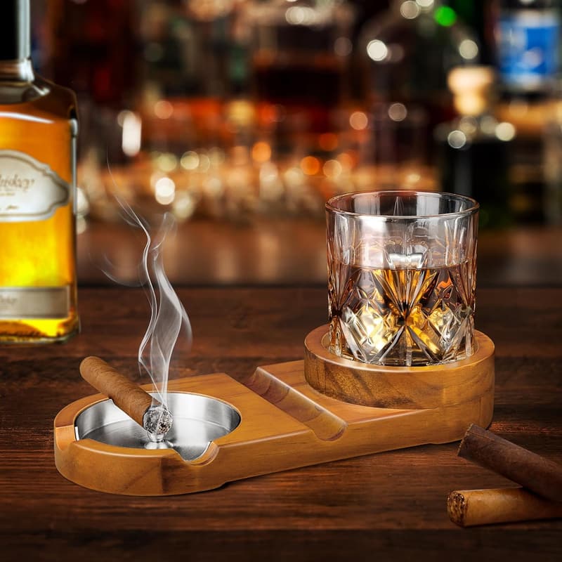 Wooden Cigar Ashtray & Whiskey Glass Tray - Perfect Gift for Men