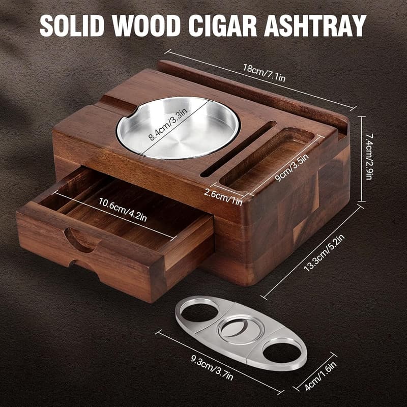 Wooden Cigar Ashtray with Cutter & Holder - Perfect Gift for Men