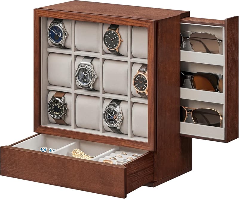 Watch Display Case with Window, 12-Slot Solid Wood - Coffee Brown
