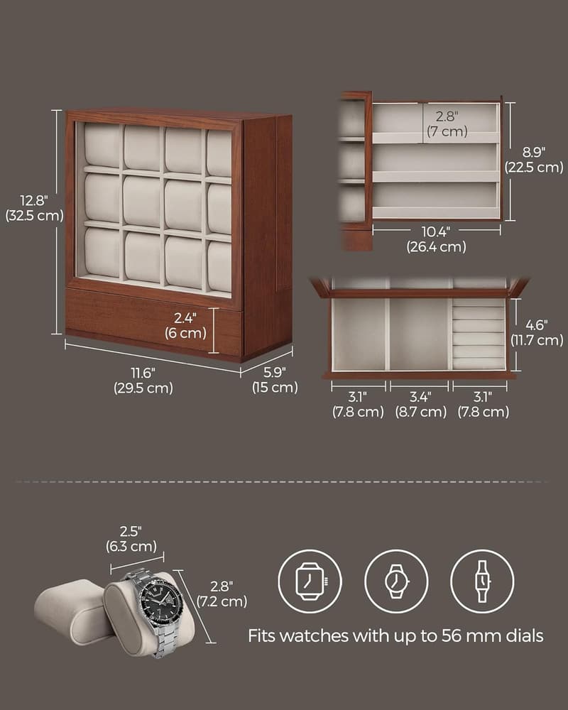 Watch Display Case with Window, 12-Slot Solid Wood - Coffee Brown